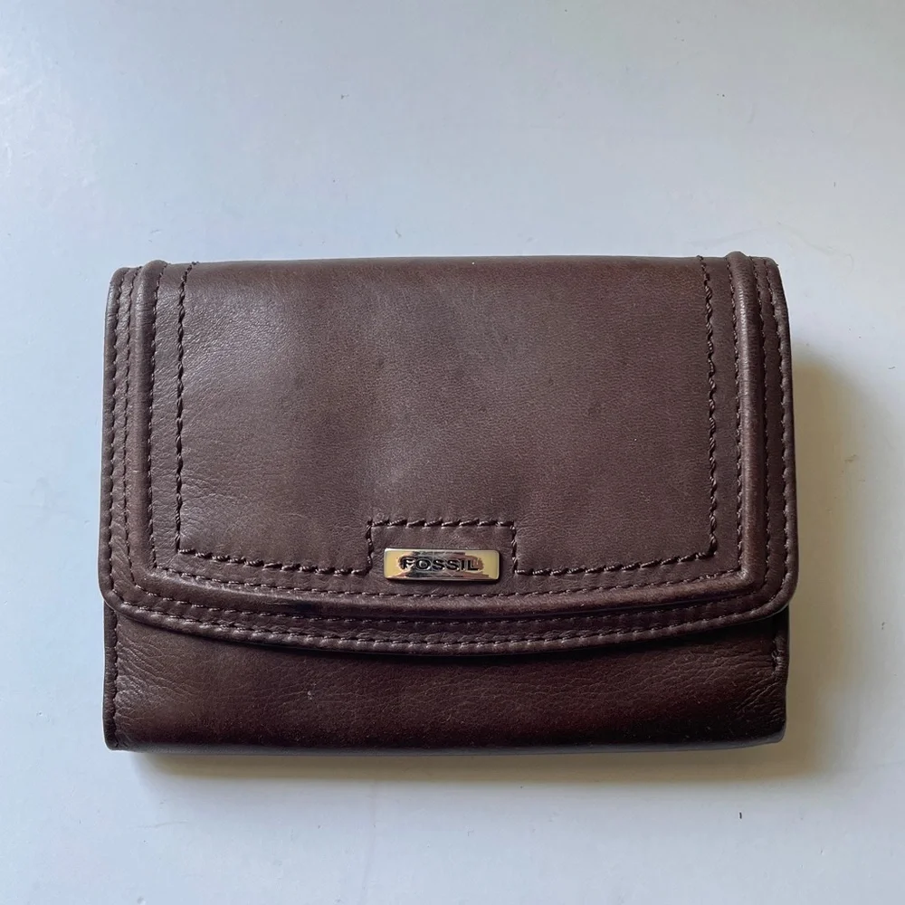 Y2K Vintage FOSSIL Brown Genuine Leather Trifold Wallet Organizer Card Slot Coin - Picture 2 of 9